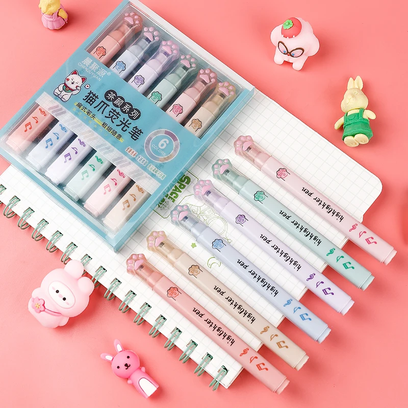 Pastel Highlighter Set Double Ended - 6 unids/pack Kawaii gato garra Color