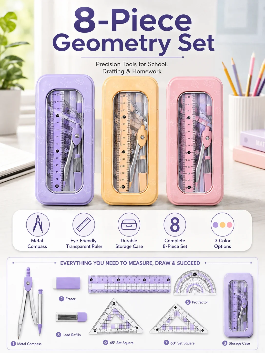 Juego de Geometría Matemática  - Math Geometry Set With Compass reseña y precio